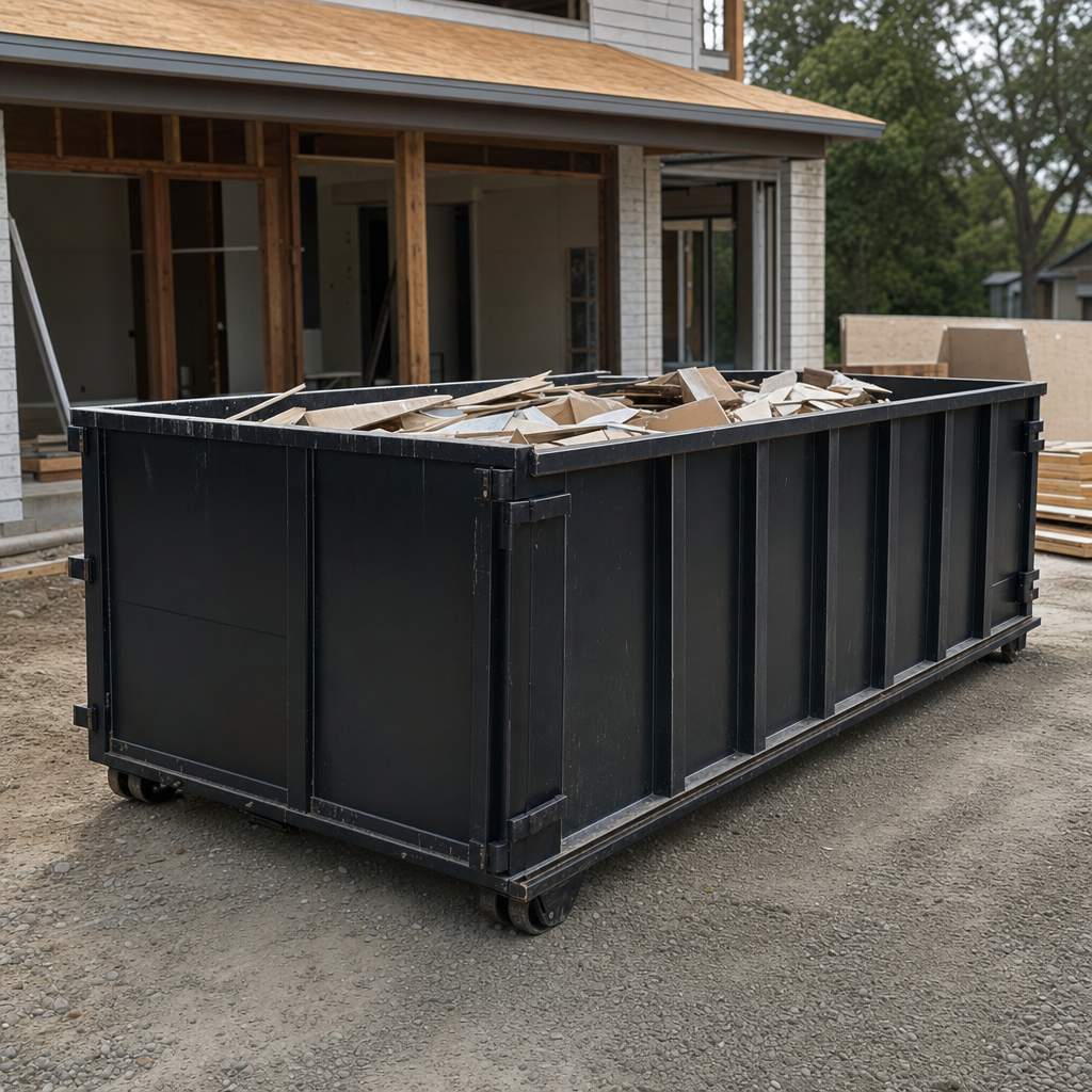 Large matte-black 30-yard construction roll-off dumpster at an active Midland jobsite, steel-gray top rails and bottom rollers visible, loaded with construction debris.