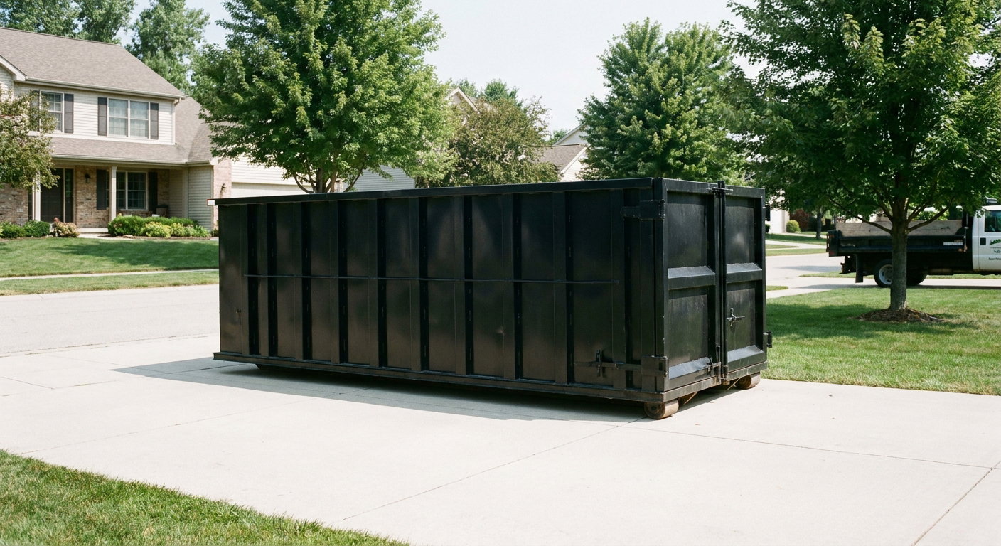 Matte-black 20-yard roll-off dumpster sitting level on a clean Midland residential concrete driveway under bright daylight, demonstrating clean placement directly on the concrete.