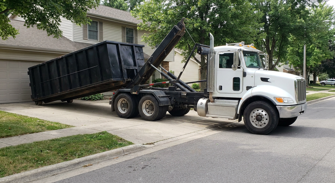 White-cab hooklift roll-off truck actively lowering a matte-black dumpster onto a Midland residential concrete driveway, the dumpster's rear wheels touching the driveway as the hoist arm tilts the bed forward, mid-morning daylight.