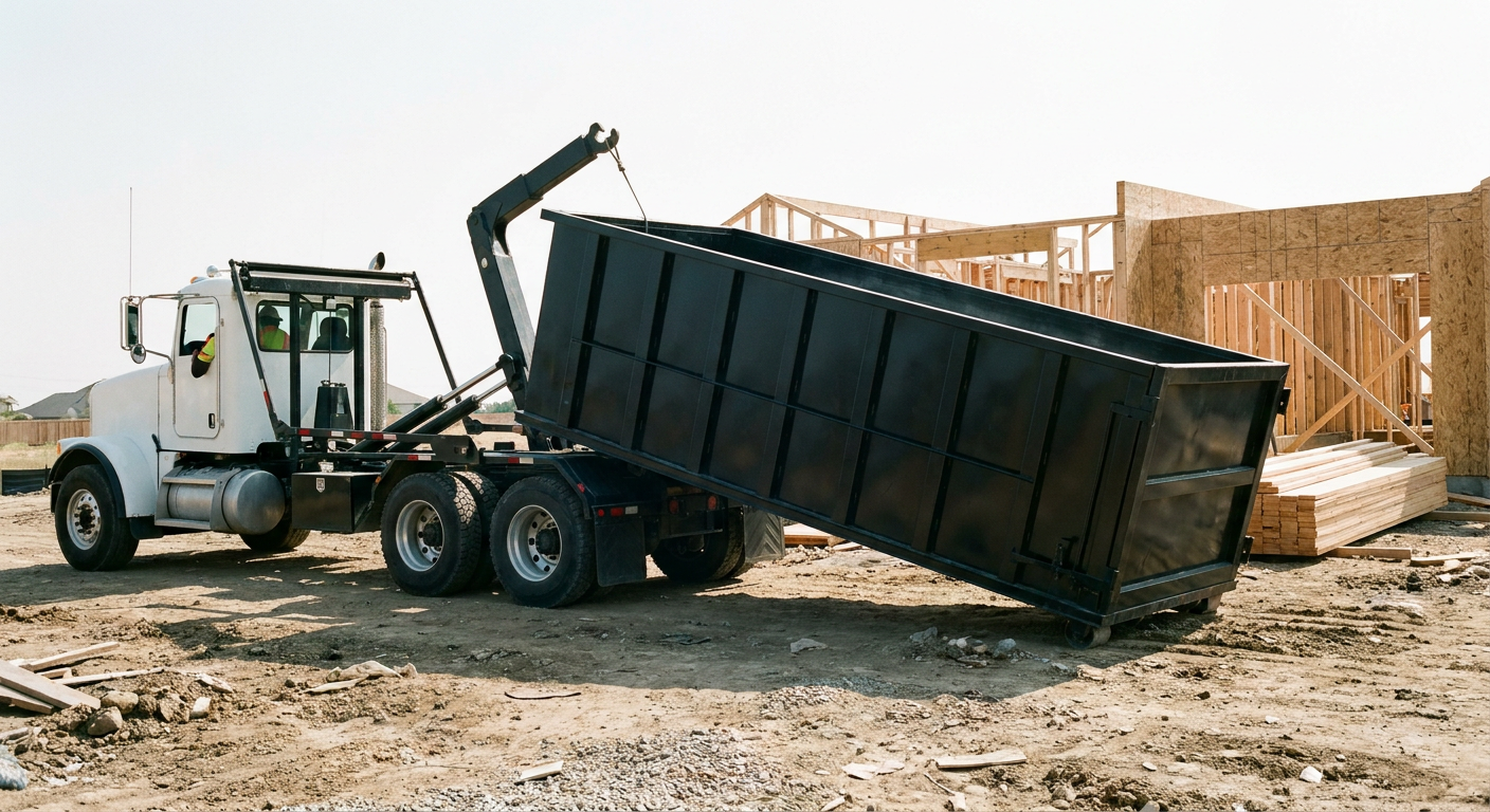 Matte-black roll-off dumpster being delivered onto a clean residential concrete driveway in Midland by an unmarked white hooklift hauler truck, bright morning daylight, documentary 35mm perspective.