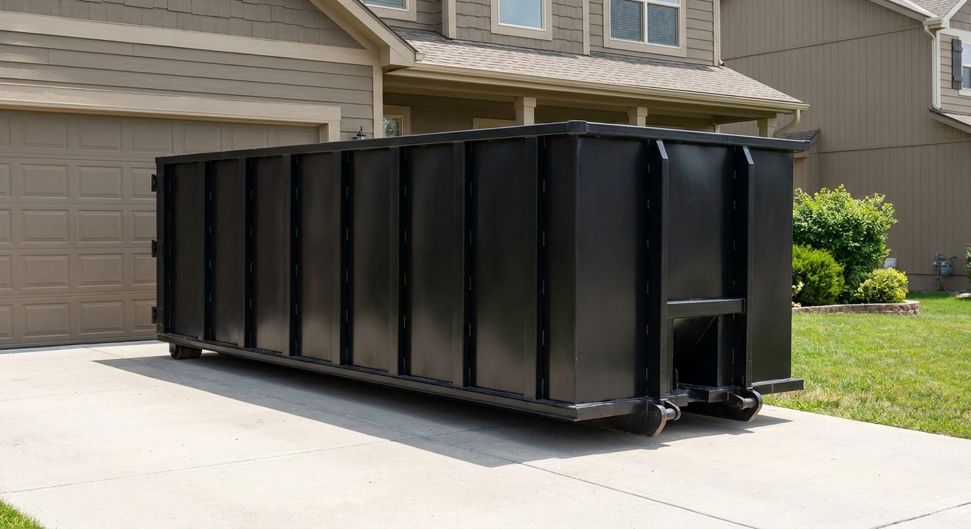 Matte-black residential roll-off dumpster sitting directly on a suburban Midland concrete driveway, garage door closed, single-family home in background, bright morning daylight.