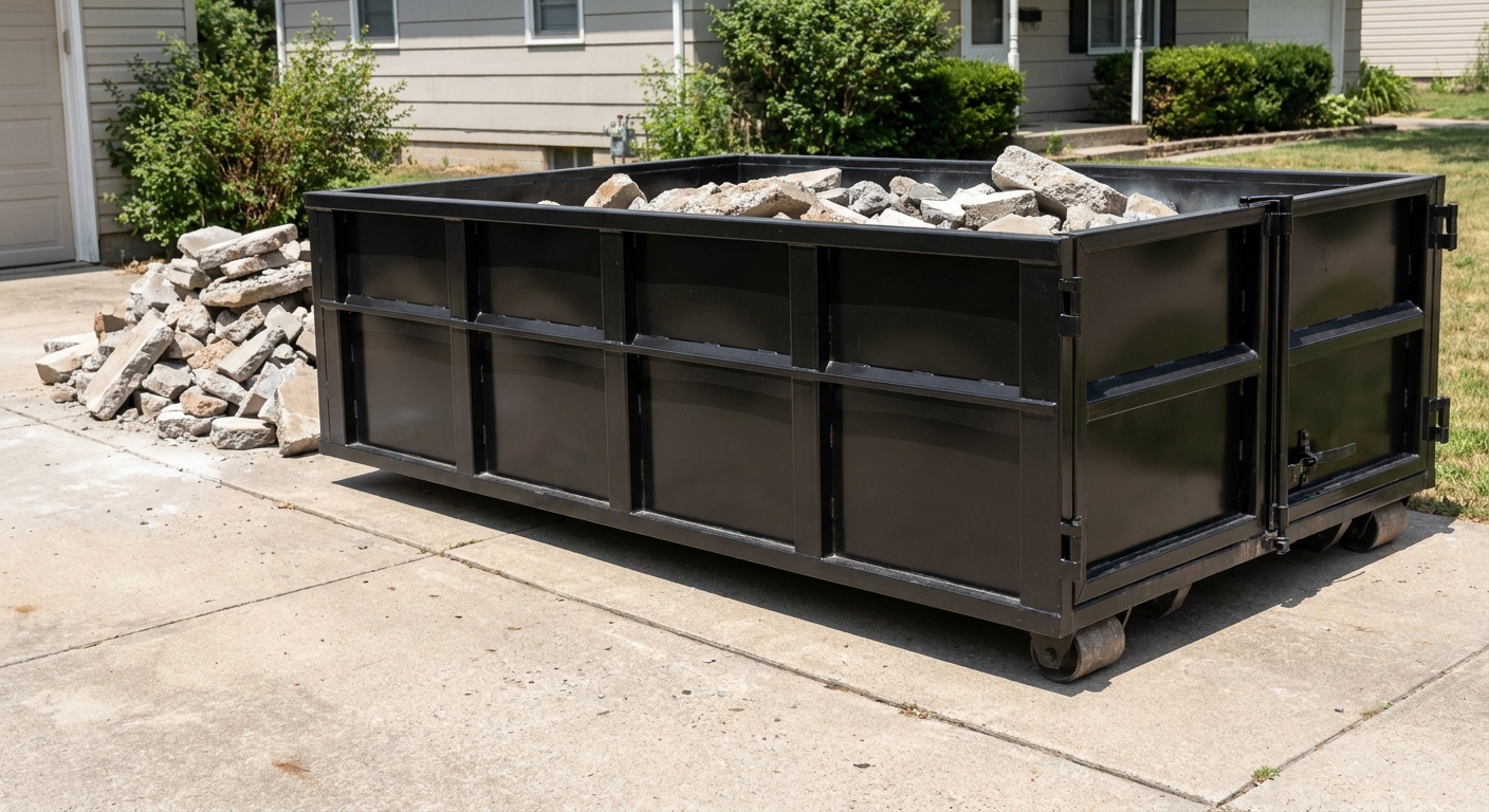 A matte-black low-side heavy-debris roll-off dumpster placed directly on a Midland concrete driveway, with broken concrete chunks neatly stacked beside it under clean daylight.