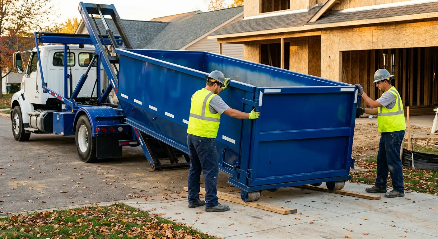 Roll-off dumpster delivery truck in residential area in Midland, TX